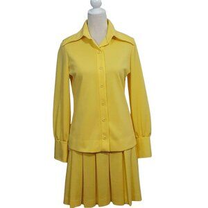 Vintage 70s Center Stage Secretary Dress Suit Pleated Skirt Polyester Yellow Med